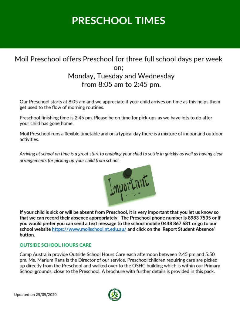 Preschool Enrol – Moil Primary School